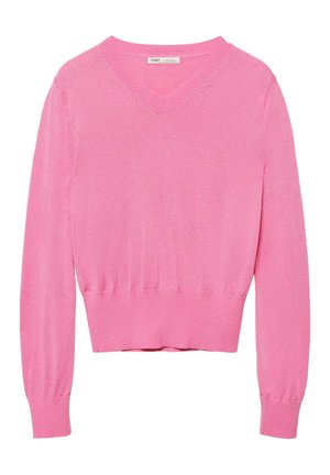 Różowy sweter z długim rękawem i dekoltem w serek, z prążkowanymi mankietami i pasem, wykonany z gładkiego dzianinowego materiału.