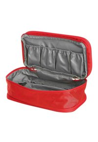 Roter Reißverschluss-Aufbewahrungsbeutel mit rechteckiger Form, innen grau mit elastischen Fächern zur Organisation. Strukturiertes Äußeres.