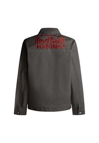 Dunkelgraue Jacke mit Kragen-Design, mit rotem gesticktem "Red Bull Racing"-Logo auf dem Rücken und Druckknöpfen an den Manschetten.