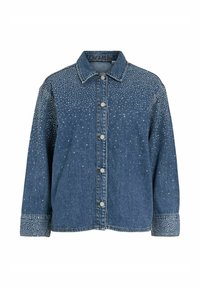 Jeans jakna plave boje s klasičnom kragnom, zatvaranjem na dugmiće i ukrasima od kristala na prednjem dijelu i manžetama.