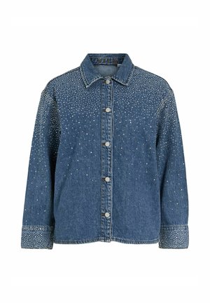 Jeansjacka i blå färg med klassisk krage, knäppning med knappar och utsmyckningar av rhinestones fram och på ärmarna.