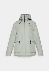 Light gray waterproof jacket with a zippered front, adjustable hood, and two side pockets. Features drawstrings and logo detail.