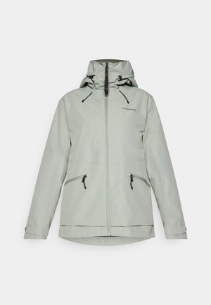 Hellgraue wasserdichte Jacke mit einem Reißverschluss vorne, verstellbarem Kapuzen, und zwei Seitentaschen. Sie verfügt über Kordelzüge und Logodetails.