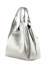 Borsa a tracolla in pelle argento con superficie texturizzata, doppio manico e design morbido. Presenta un interno spazioso e una silhouette elegante.