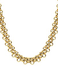 Goldkette mit verlinkten runden und ovalen Gliedern, doppelreihiges Design, glänzende Oberflächenstruktur und einheitliche Farbe.