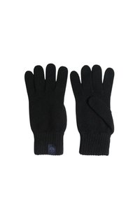 Guanti neri a maglia con cinque dita, polsini a coste e una piccola etichetta con logo sul polso. Tessuto morbido e colore uniforme.