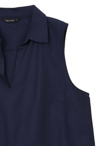 Top senza maniche blu navy con scollo a V e colletto, vestibilità ampia, taglia S, con dettagli di cucitura minimal.