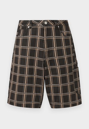 Čierne šortky s béžovým a sivým kockovaným vzorom, zapínanie na gombík a zips, púzdra na opasok, predné vrecká a bočné nákladné vrecko.