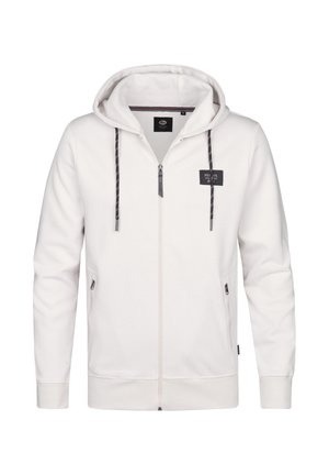 Lichtgrijze hoodie met ritssluiting en een getextureerde afwerking, trekkoorden, twee zijzakken en een geborduurd logo op de linkerborst.