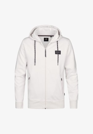 Hanorac cu fermoar, de culoare gri deschis, cu finisaj texturat, cu șnururi, două buzunare laterale și un patch cu sigla pe pieptul stâng.