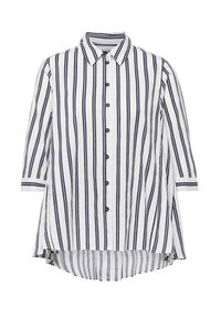 Hemd mit knöpfbarem Kragen in Navy- und weißen vertikalen Streifen, mit 3/4-Ärmeln und einem längeren Rückensaum für eine lässige Passform.