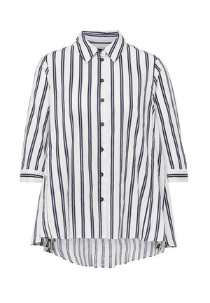 Overhemd met knopen, voorzien van marineblauwe en witte verticale strepen, met kraagontwerp, driekwartmouwen en een langere achterzoom voor een relaxte pasvorm.