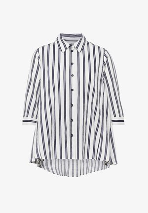 Overhemd met knopen, voorzien van marineblauwe en witte verticale strepen, met kraagontwerp, driekwartmouwen en een langere achterzoom voor een relaxte pasvorm.