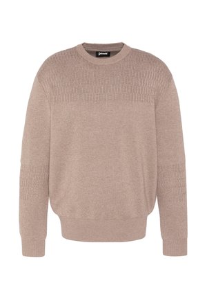Pull en maille beige avec motifs horizontaux texturés sur la partie supérieure de la poitrine et les manches, col rond, poignets et ourlet côtelés.