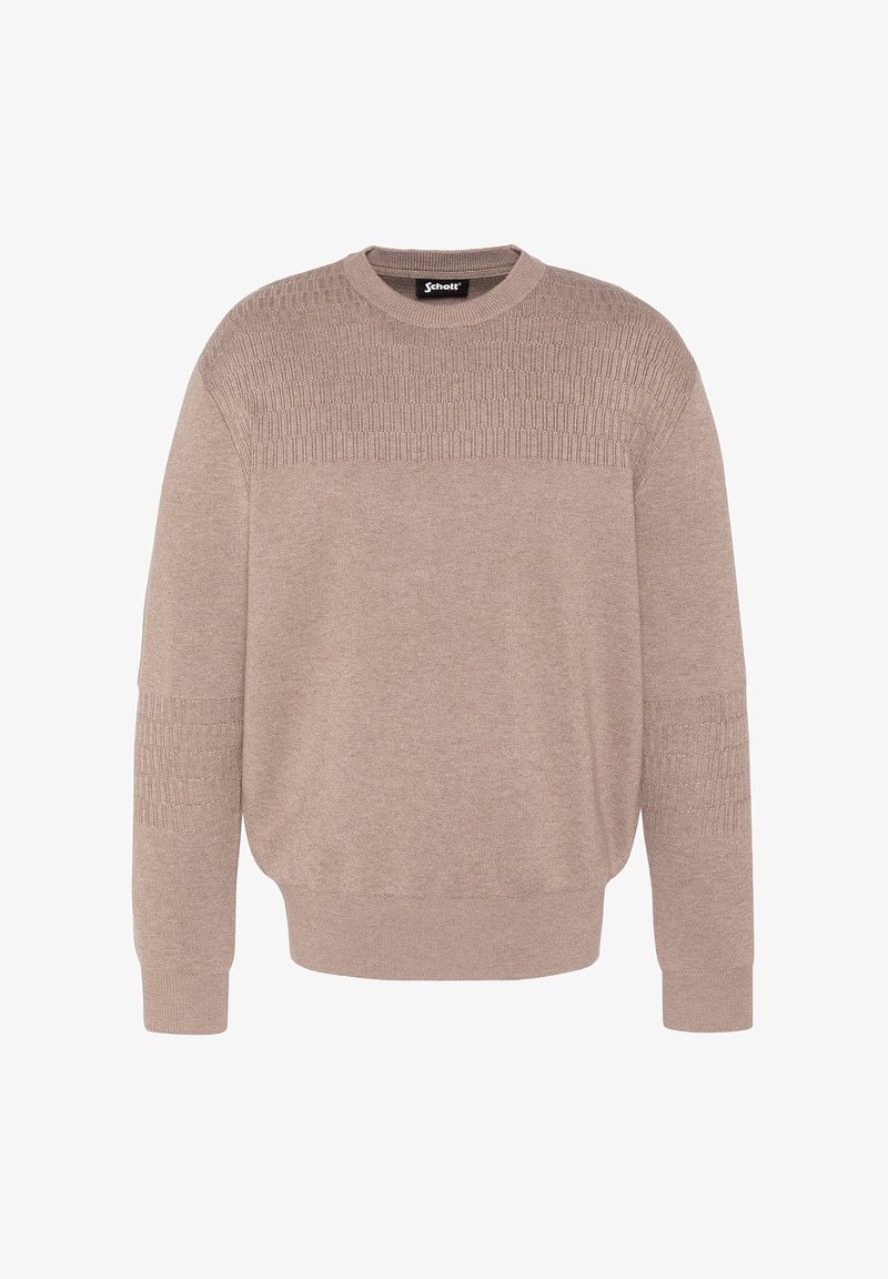 Pull en maille beige avec motifs horizontaux texturés sur la partie supérieure de la poitrine et les manches, col rond, poignets et ourlet côtelés.