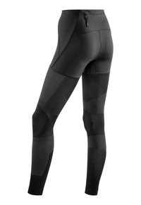 Black high-waisted leggings with textured panels, sleek design, and a zip pocket at the back. Features varying patterns in the fabric.