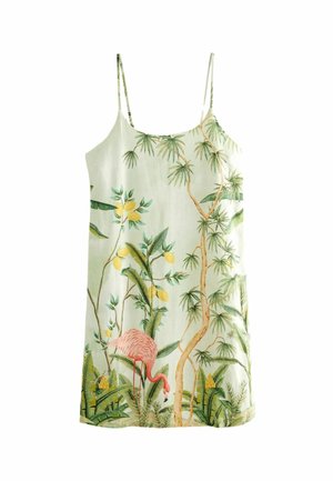 Sukienka bez rękawów z cienkimi ramiączkami, ozdobiona tropikalnym nadrukiem gałązek cytryny, palm oraz różowego flaminga na jasnym tle.