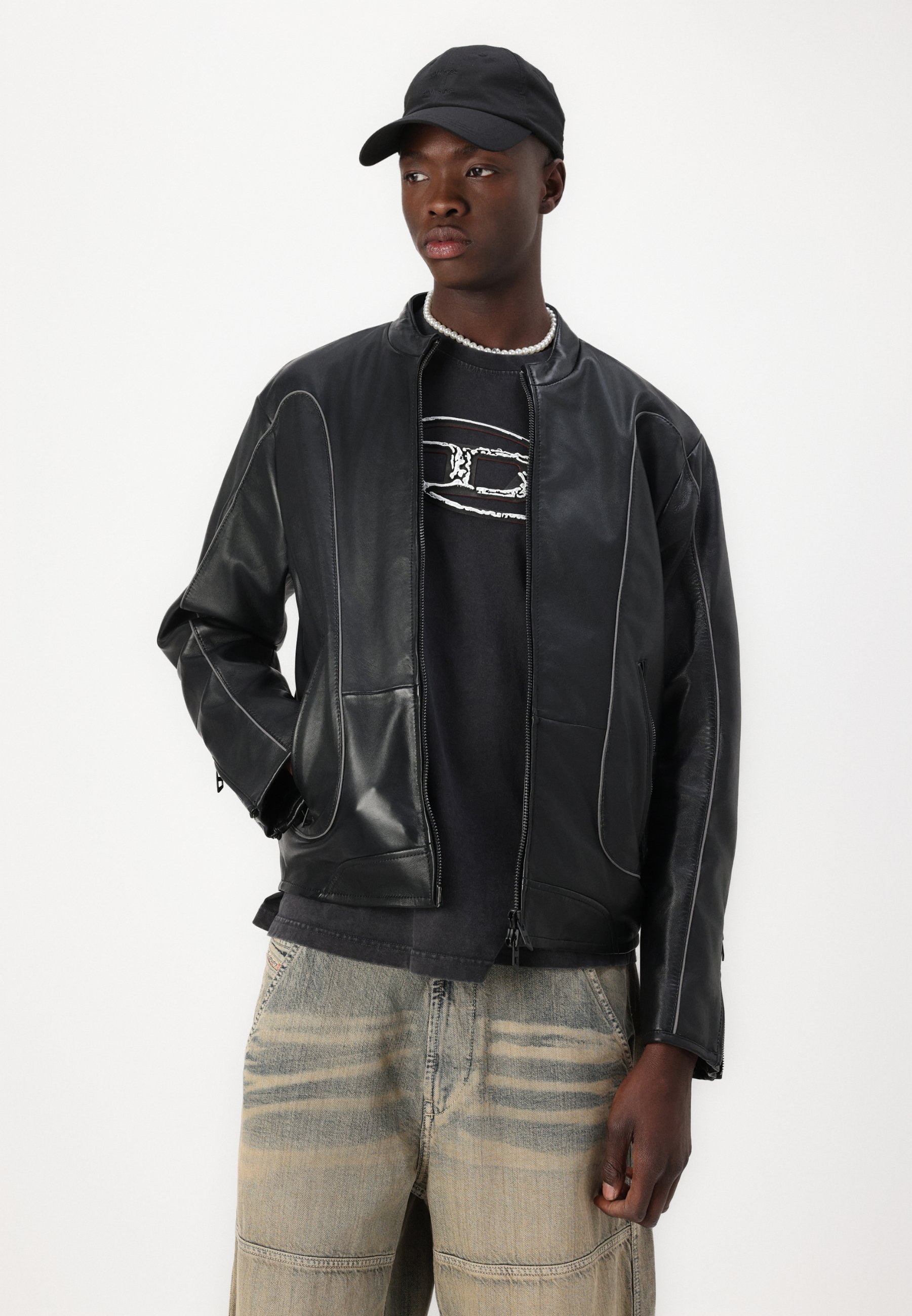 DIESEL leather jacket  月下美人 クロ Men's Leather biker jacket with piping | Black | Diesel