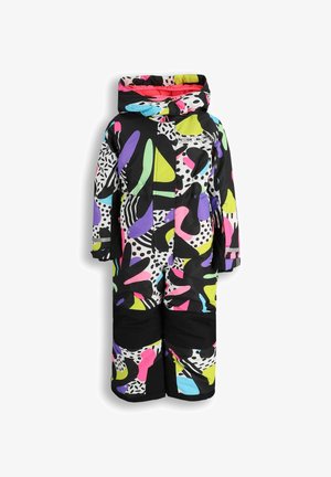 Kolorowy kombinezon śnieżny w kolorze czarnym, ozdobiony abstrakcyjnymi wzorami w różowym, żółtym, zielonym, niebieskim i białym. Zawiera kaptur oraz zapięcia na zamek.