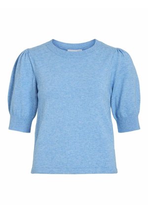Jasnoniebieski, dzianinowy top z krótkim rękawem i okrągłym dekoltem, z bufiastymi rękawami i prążkowanymi mankietami, nadającymi fakturę i kształt.
