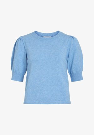 Lyseblå strikket kortermet topp med rund hals, som har pufferm og ribbestrikkede mansjetter for tekstur og form.