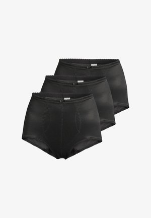 Tre sorte højtaljede trusseunderbukser i brief-stil stablet, vist fra fronten med syningsdetaljer på panelet og en lille dekorativ sløjfe ved taljebåndet.