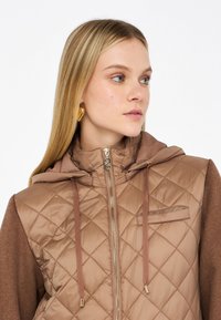 Giacca a vento marrone trapuntata con cappuccio, maniche marroni a contrasto, zip frontale e cordini. Texture liscia con un design contemporaneo.