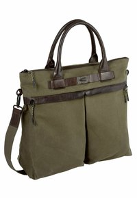 Grøn kanvas tote bag med mørkebrune læderdetaljer, to topgreb, aftagelig skulderrem, to frontlomme med lynlås og et lynlåset hovedrum.
