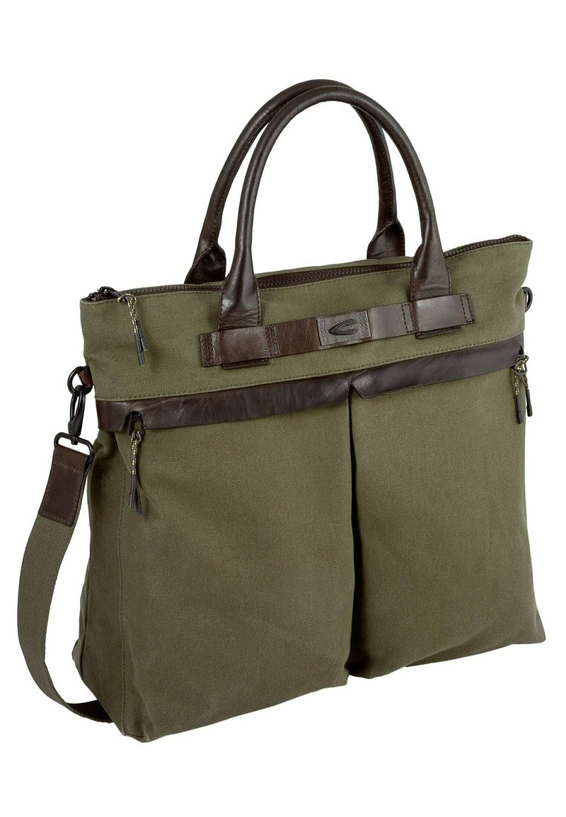 Grøn kanvas tote bag med mørkebrune læderdetaljer, to topgreb, aftagelig skulderrem, to frontlomme med lynlås og et lynlåset hovedrum.