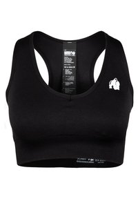 Černá sportovní podprsenka, ribbovaný materiál, široké ramínka, design ve tvaru V, s bílým logem gorily na levé straně, štítek viditelný na zadní straně.