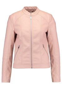 Giacca in pelle rosa chiaro con colletto alto, spalle trapuntate e due tasche laterali con zip. Presenta un design aderente e una texture liscia.