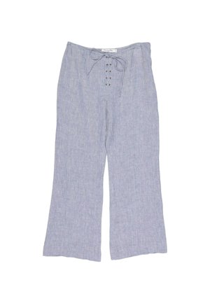 Pantalon large bleu clair en lin avec lacets à l'avant et taille plate.
