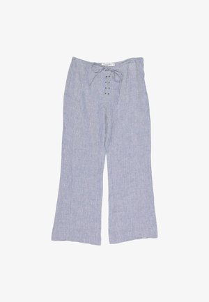 Pantalon large bleu clair en lin avec lacets à l'avant et taille plate.