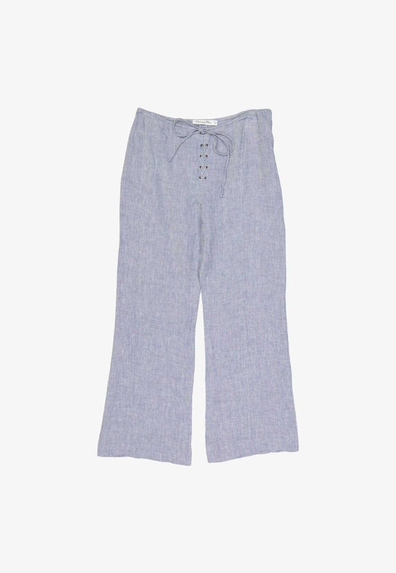 Pantalon large bleu clair en lin avec lacets à l'avant et taille plate.