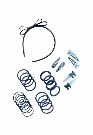 Collection of blue hair accessories including a headband with bow, various hair ties, and multiple bow and patterned hair clips.