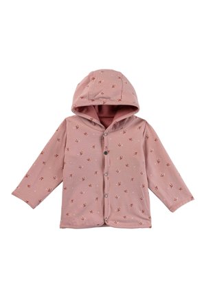 Rosa Kapuzenjacke aus weichem Stoff mit einem durchgehenden Muster kleiner Pfeile. Ausgestattet mit vorderen Knöpfen und langen Ärmeln.