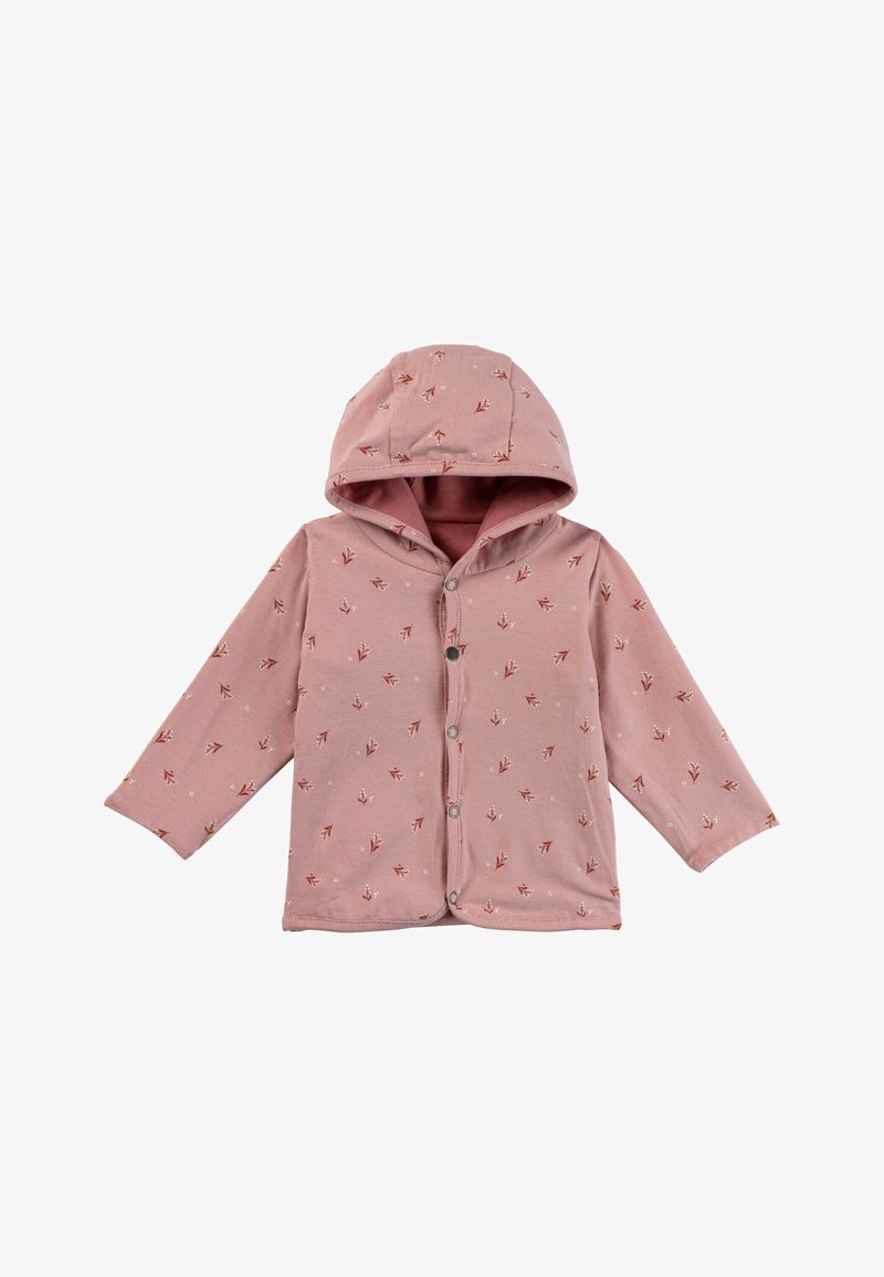 Chaqueta con capucha rosa hecha de tela suave, con un patrón integral de pequeñas flechas. Equipada con botones frontales y mangas largas.