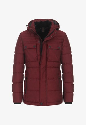 Burgundy puffer jacket featuring a hood, zip closure, two chest pockets, and side zippered pockets with elastic cuffs. Textured fabric.