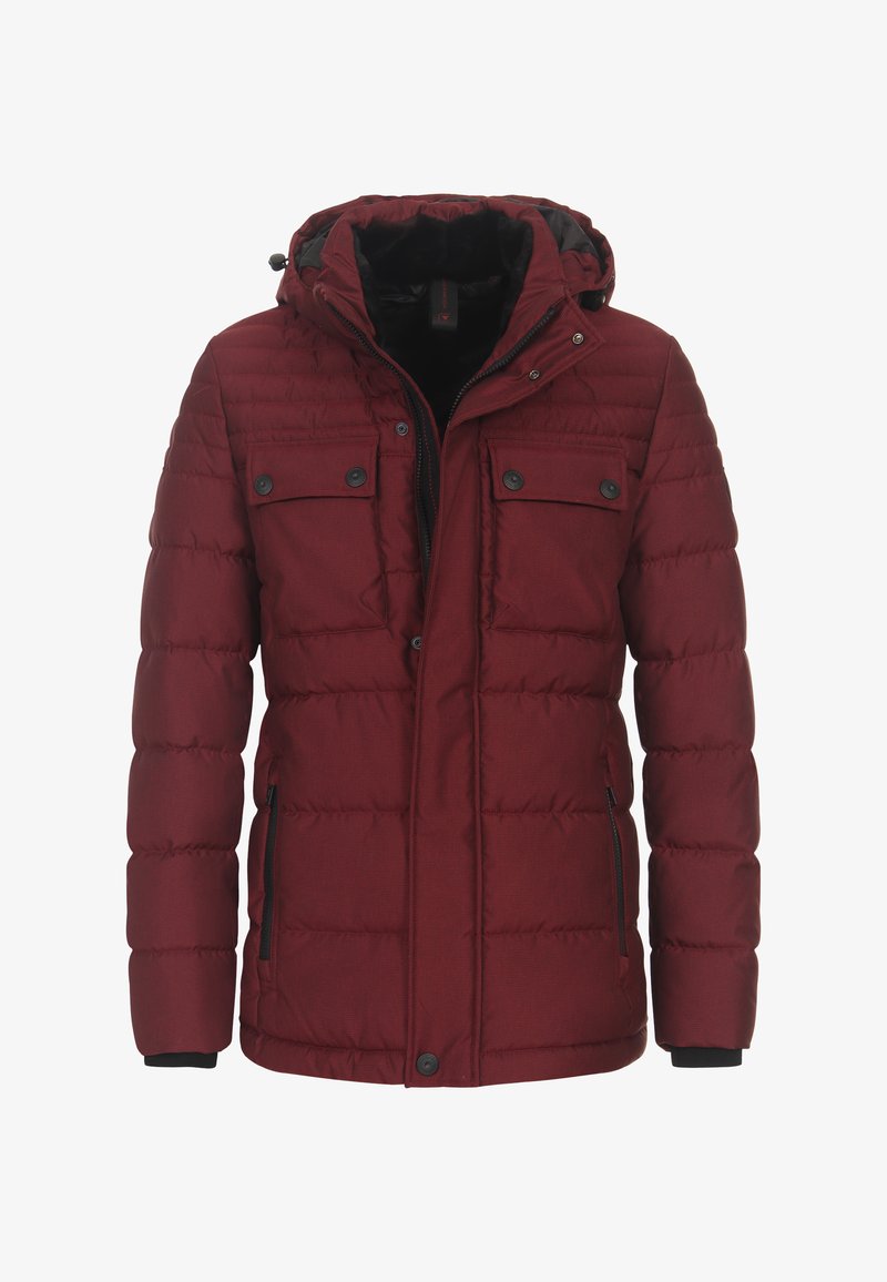 Burgundy puffer jacket featuring a hood, zip closure, two chest pockets, and side zippered pockets with elastic cuffs. Textured fabric.