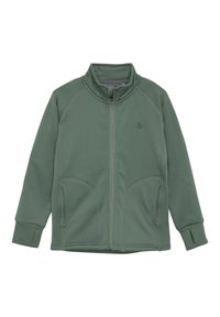 Giacca in pile verde con colletto alto, zip frontale completa e tasche laterali, dal texture morbido e dettagli di cucitura a contrasto.