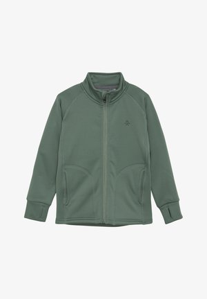 Groene fleecejack met een hoge kraag, volledige ritssluiting aan de voorkant en zijzakken, voorzien van een zachte textuur en contrasterende stikdetails.