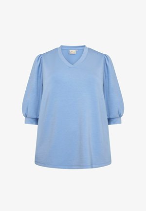 Blauwe V-hals blouse met korte pofmouwen, gemaakt van zachte stof. Kenmerkt een ontspannen pasvorm en eenvoudig ontwerp, geschikt voor casual casual wear.