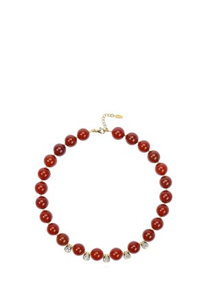 Necklace with round polished dark red beads and five teardrop-shaped clear gemstones on a gold chain with clasp.