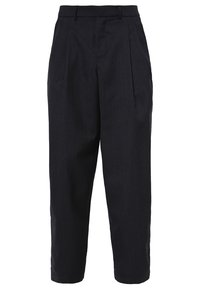 Mörkblå byxor i texturerat tyg med hög midja, veck fram och en avslappnad, avsmalnande bendesign.