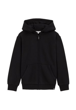 Haut à capuche zippé noir en mélange de coton, avec une capuche, deux poches avant et des poignets et un ourlet côtelés. Design classique, texture douce.