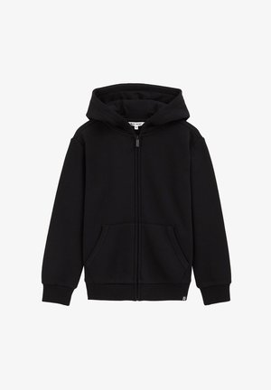 Haut à capuche zippé noir en mélange de coton, avec une capuche, deux poches avant et des poignets et un ourlet côtelés. Design classique, texture douce.