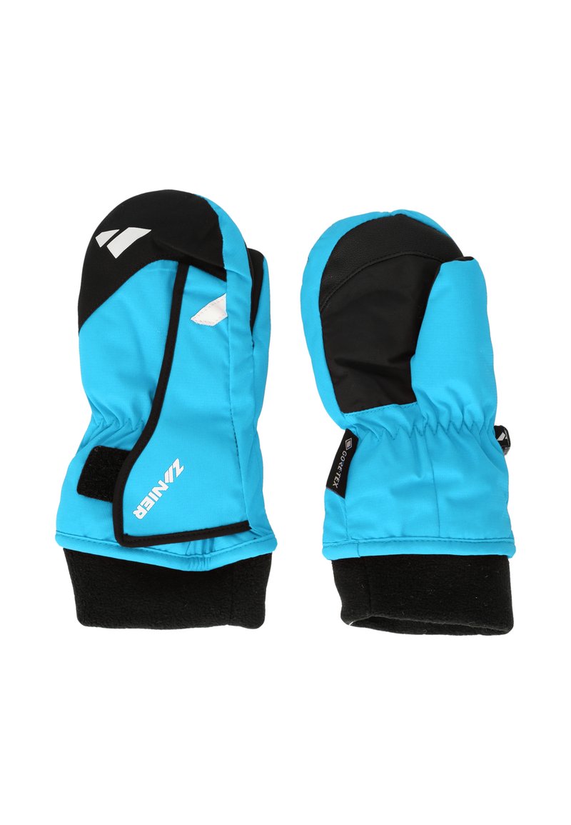 Blå och svarta isolerade vantar med en slät yta, fleecefoder, elastisk manschett och kardborreknäppning för en säker passform.