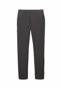 Dunkelgraue Chinos mit geradem Schnitt, aus leichtem Material gefertigt. Mit frontalen Taschen, Gürtelschlaufen und einem Knopfverschluss.