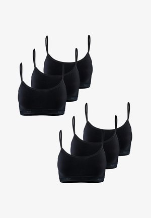 Sei bralette nere in cotone con spalline sottili e regolabili, texture morbida e design senza cuciture. Il bordo presenta un sottile dettaglio con logo.