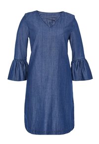 Džínové šaty s výstřihem do V, tříčtvrtečními zvonovými rukávy a rovného střihu. Mají modrou barvu a hladkou texturu.